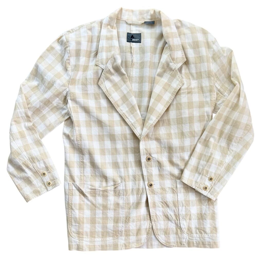 Liz Wear Vintage 90s Tan Neutral Gingham Check Blazer Notch Lapel - M